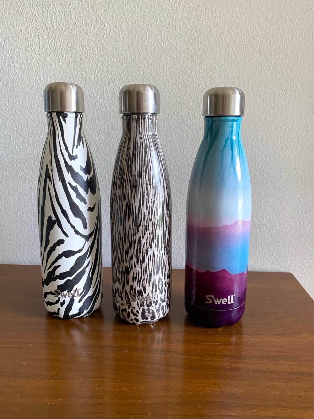 S'well (3) Stainless Steel Water Bottles: Zebra, Leopard, Ombré 17oz